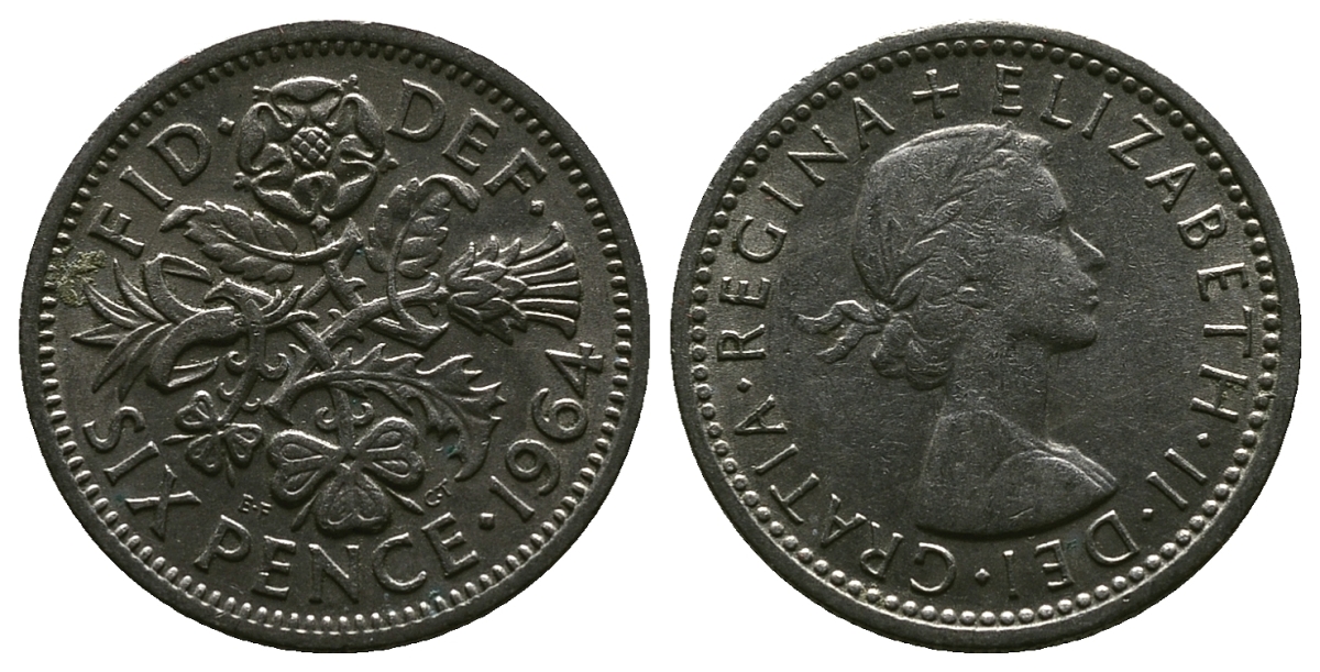 Великобритания 6 пенсов 1964 Елизавета II (1952-2022) KM 903, Spink 4149 медно-никель 4381-821