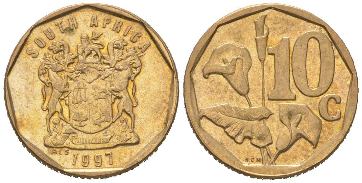 ЮАР 10 центов 1997 KM 161 сталь плакированная бронзой 4618-731