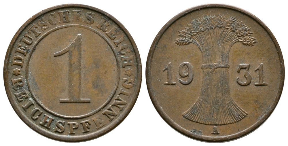 Германия 1 рейхспфенниг 1931 A KM 37, J. 313 бронза 4380-1219