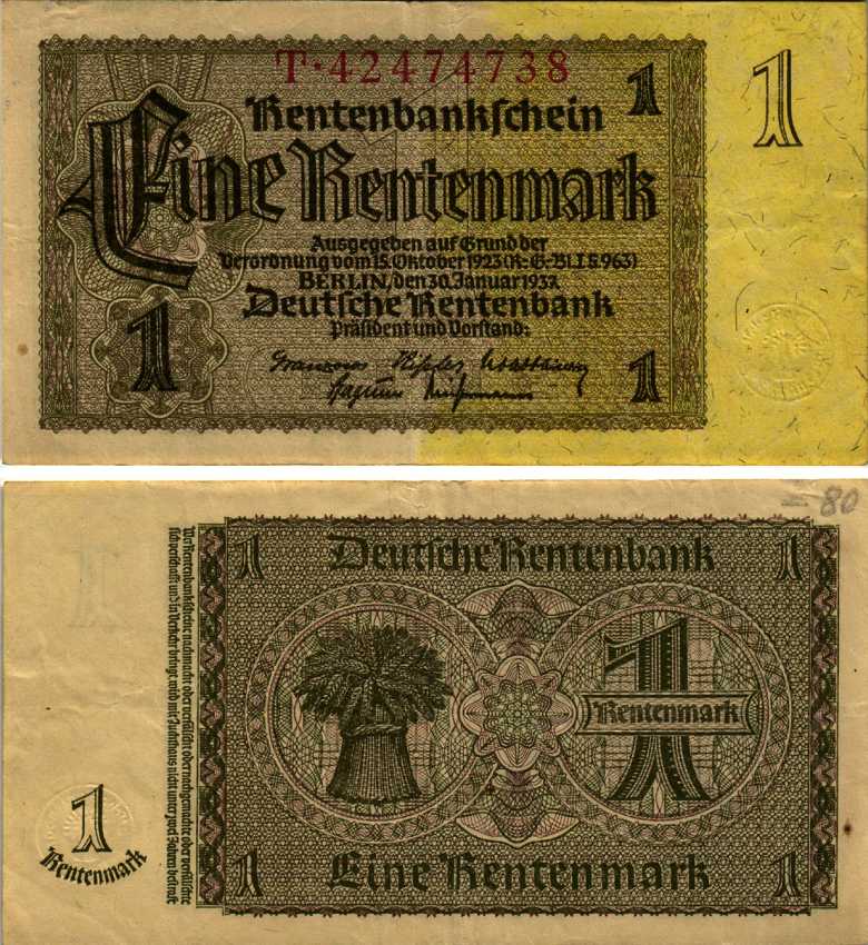 ГЕРМАНИЯ 1 РЕНТЕНМАРКА 1937 30 ЯНВАРЯ 1937, ВЕЙМАРСКАЯ РЕСПУБЛИКА, ВОСЕМЬ ЦИФР В НОМЕРЕ СЕРИИ, СЕРИЯ Т Pick 173b, Rosenberg 166b бумага 6299-49-3-2