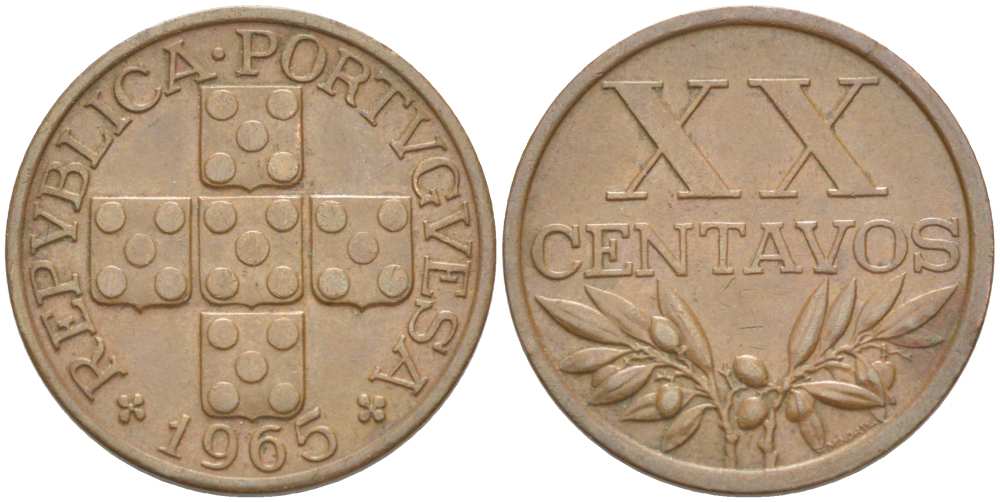 ПОРТУГАЛИЯ 20 СЕНТАВО 1965 KM 584 бронза 4513-1242