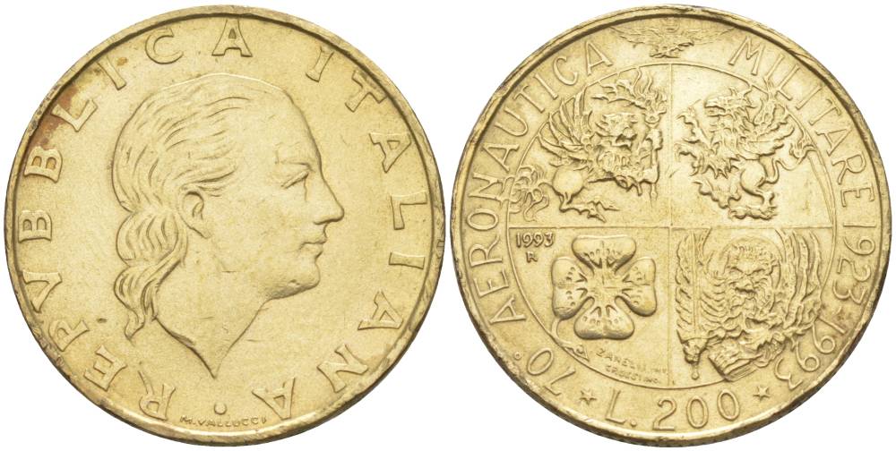 ИТАЛИЯ 200 ЛИР 1993 R, 70 ЛЕТ ВОЕННОЙ АВИАЦИИ KM 155 алюминиевая бронза 4551-1126