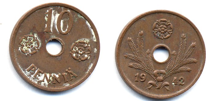 ФИНЛЯНДИЯ 10 ПЕННИ 1942 KM 33.1 медь 51-4939