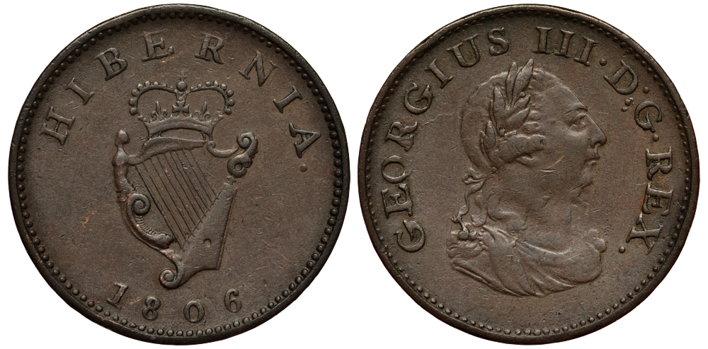 ИРЛАНДИЯ 1 ФАРТИНГ 1806 ГЕОРГ III KM 146.1 медь 1525-835
