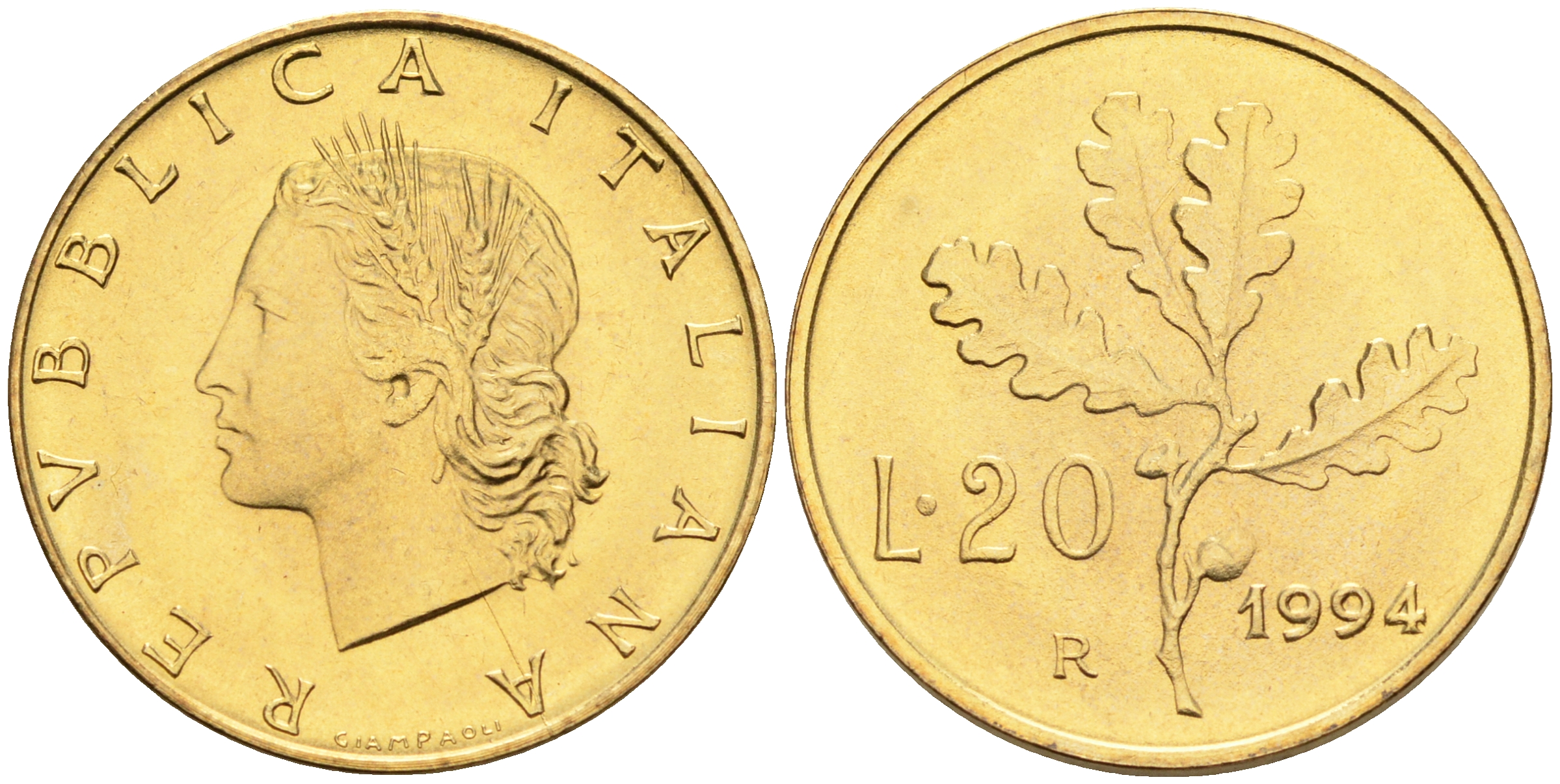 Италия 20 лир 1994 R, дубовый лист KM 97.2 алюминиевая бронза  UNC  4594-863