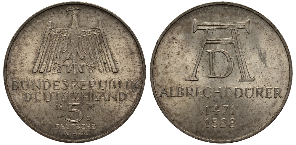 ФРГ 5 марок 1971 D, 500 лет со дня рождения Альбрехта Дюрера KM 129, J. 410 серебро 413-1131