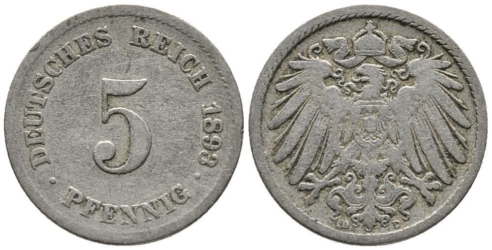 ГЕРМАНИЯ 5 ПФЕННИГОВ 1893 D KM 11, J. 12 медно-никель 39-653