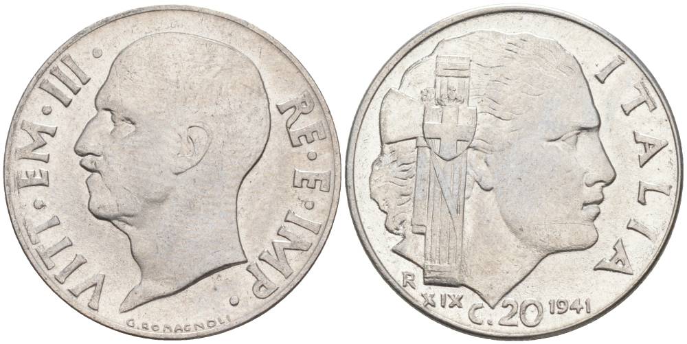 ИТАЛИЯ 20 ЧЕНТЕЗИМО 1941 R, ГОД XIX, ВИКТОР ЭММАНУИЛ III (1900-1946) KM 75b, VEM3. 1028 нержавеющая сталь 3853-843