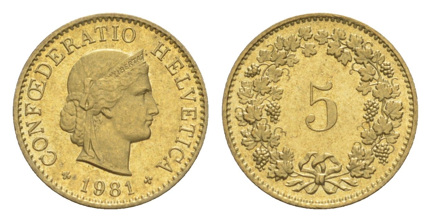 Швейцария 5 раппенов 1981 KM 26c алюминиевая бронза 4611-1239