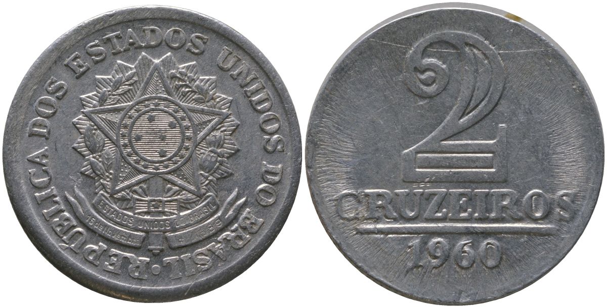 Бразилия 2 крузейро 1960 KM 571 алюминий 4577-934