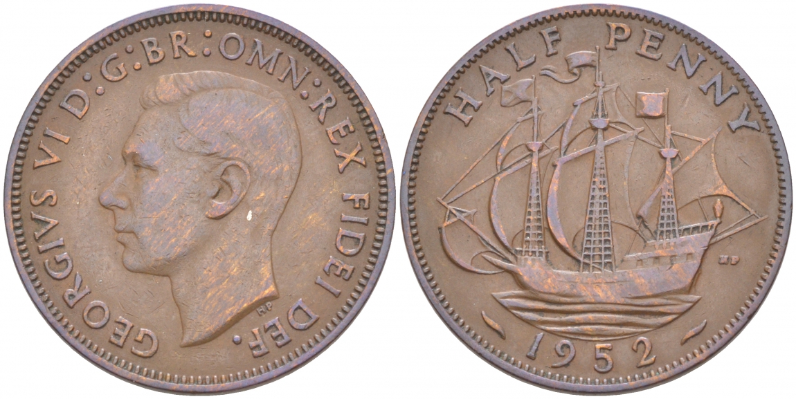Великобритания 1/2 пенни 1952 Георг VI (1936-1952) KM 868, Spink 4118 бронза 68-125