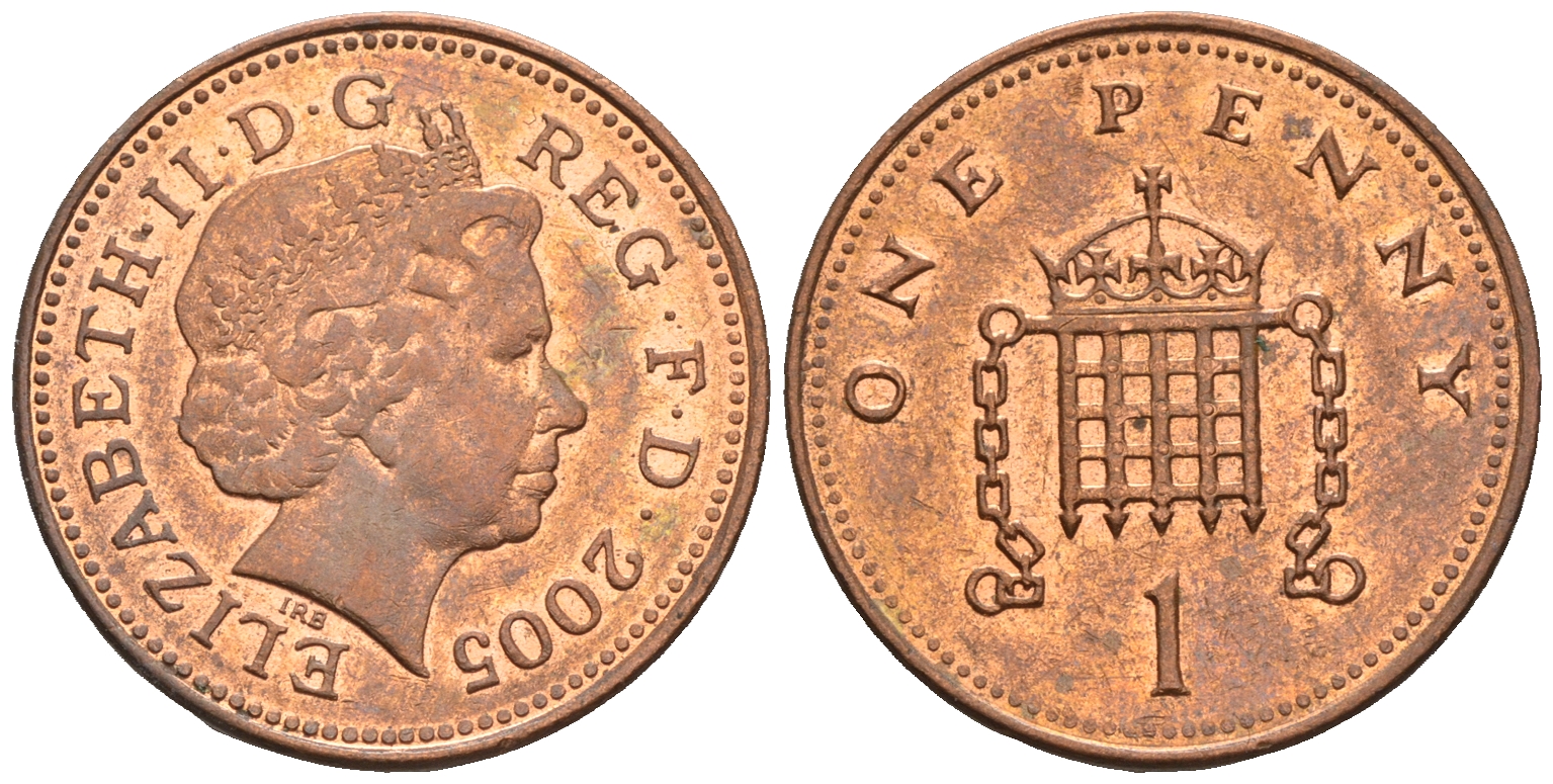 Великобритания 1 пенни 2005 Елизавета II (1952-2022) KM 986, Spink 4710 (B5) сталь плакированная медью 4609-624