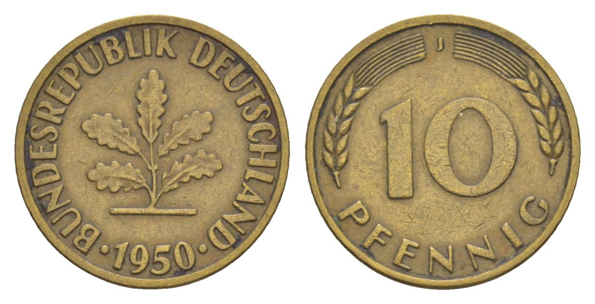 ФРГ 10 пфеннигов 1950 J KM 108, J. 383 сталь плакированная латунью 4630-1259