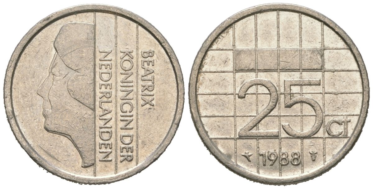 Нидерланды 25 центов 1988 Беатрикс (1980-2013) KM 204 никель 4621-451