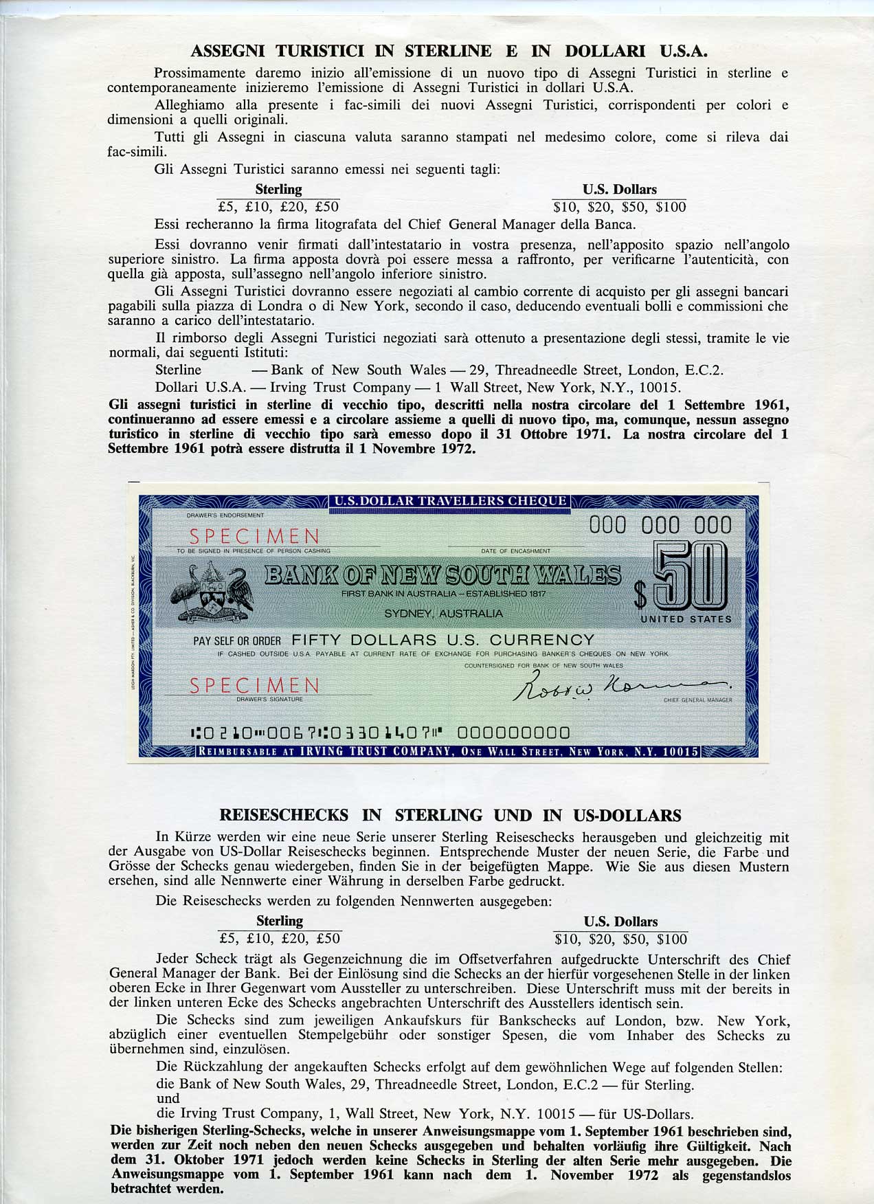 Австралия, Банк Южного Уэльса 50 фунтов и 50 долларов 1971 дорожные чеки, оригинальный буклет, образец Specimen   бумага  UNC (пресс) 5548-4-2-1