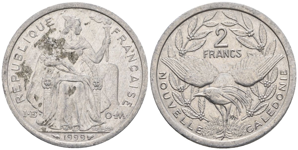Французская Новая Каледония 2 франка 1999 птица кагу, (IEOM) KM 14, Schoen 11, Lec 68d алюминий    25-711