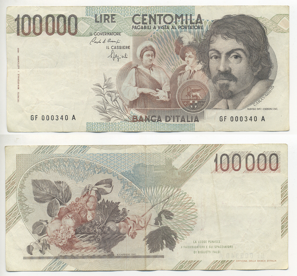 Италия 100000 лир 1983 Караваджо, фруктовый букет, подпись Speziali Pick 110b бумага 7220-19-3