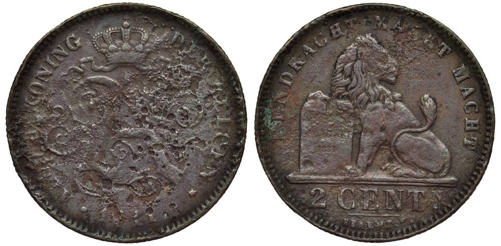 БЕЛЬГИЯ 2 САНТИМА 1911 BELGEN, АЛЬБЕРТ I (1909-1934) KM 65 медь 27-851