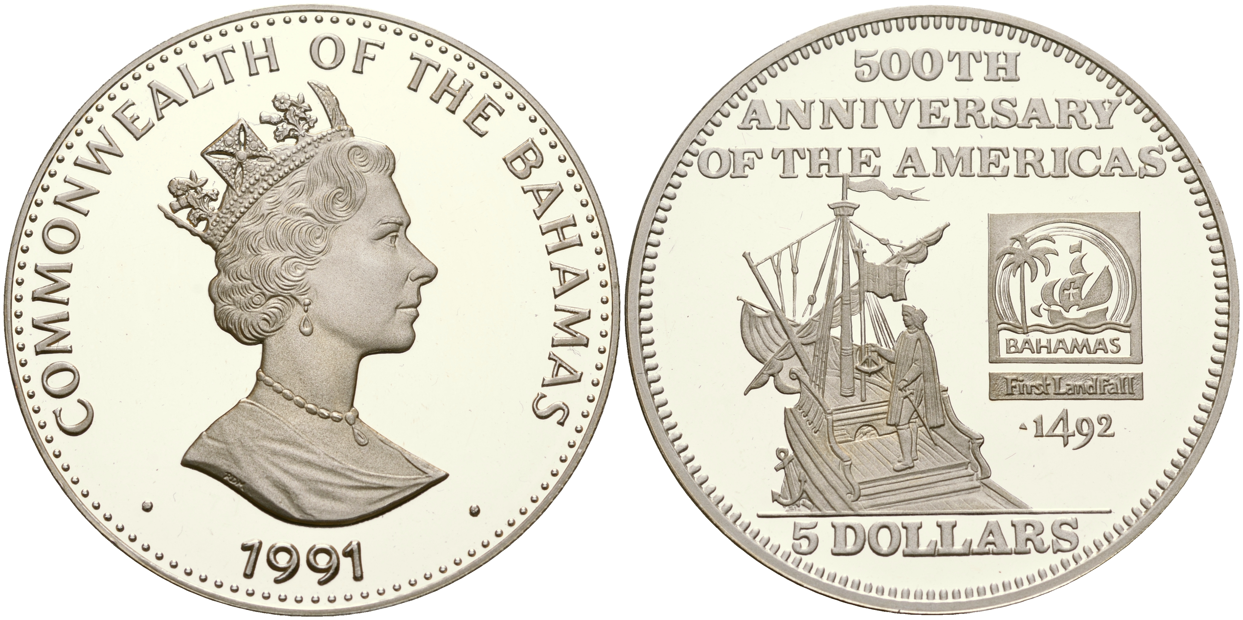 Багамские острова 5 долларов 1991 500 лет открытия Америки, корабли KM 140 серебро PROOF 06-245-33