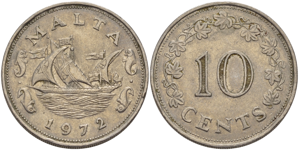 Мальта 10 центов 1972 баржа Великого магистра KM 11 медно-никель 82-342
