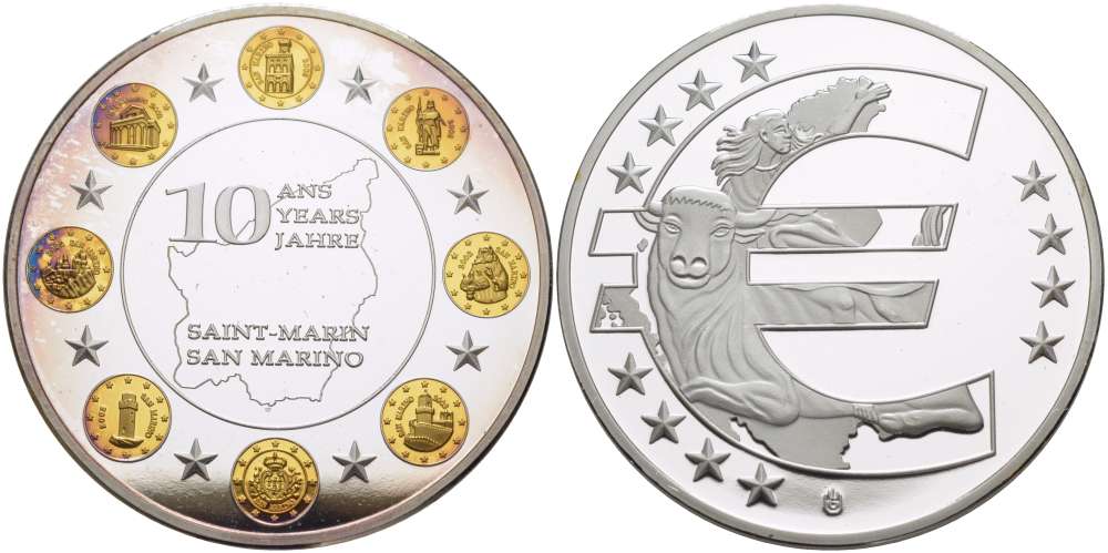 НИДЕРЛАНДЫ МЕДАЛЬ 2012 СЕРИЯ 10 ЛЕТ ЕВРО, САН МАРИНО, СЕРЕБРЕНИЕ, ПОЗОЛОТА, ДИАМЕТР 40 ММ., ПОХИЩЕНИЕ ЕВРОПЫ PROOF 1082-6-43