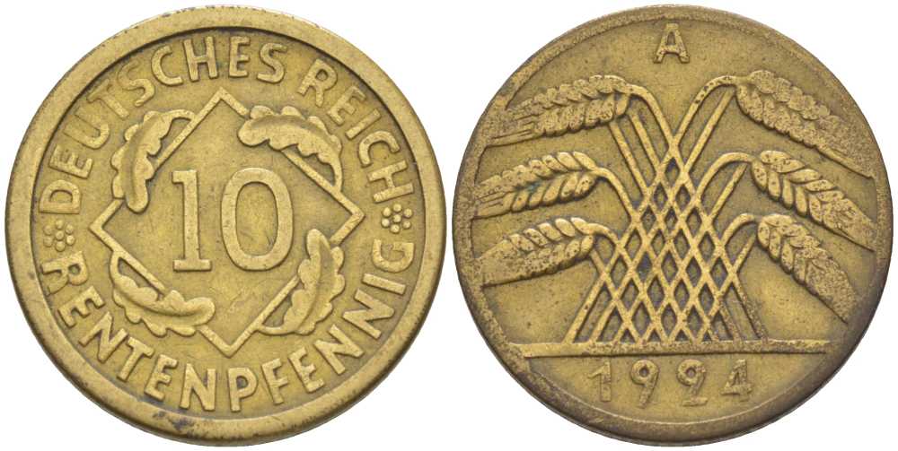 ГЕРМАНИЯ 10 РЕНТЕНПФЕННИГОВ 1924 A KM 33, J.309, Weege 8 алюминиевая бронза 202-237