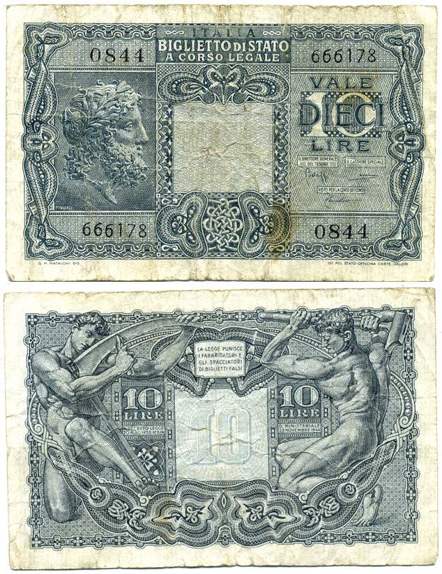 Италия 10 лир 1944 BoLaffi, CavalLaro Pick 32c, Grapanzano BS 49 бумага 3295-49-1-2