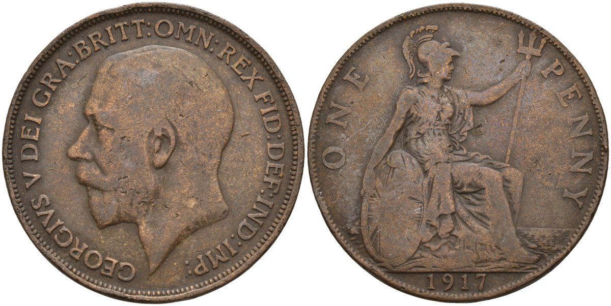 Великобритания 1 пенни 1917 Георг V (1910-1936) KM 810, Spink 4051 бронза 4144-445