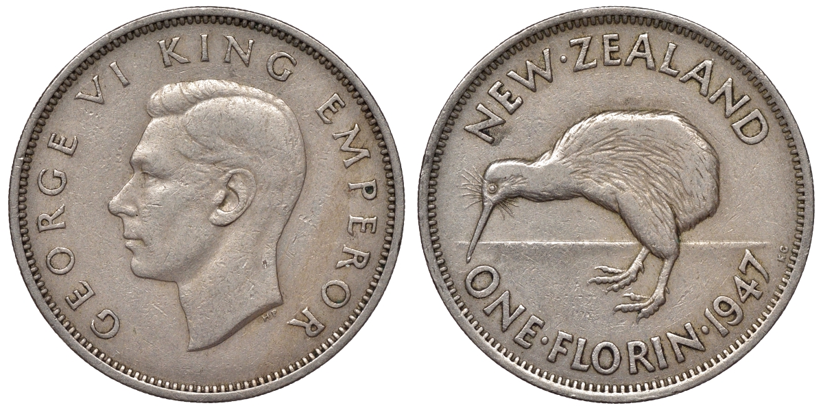 Новая Зеландия 1 флорин 1947 птичка киви, Георг VI, год тип KM 10.2а медно-никель 4117-435