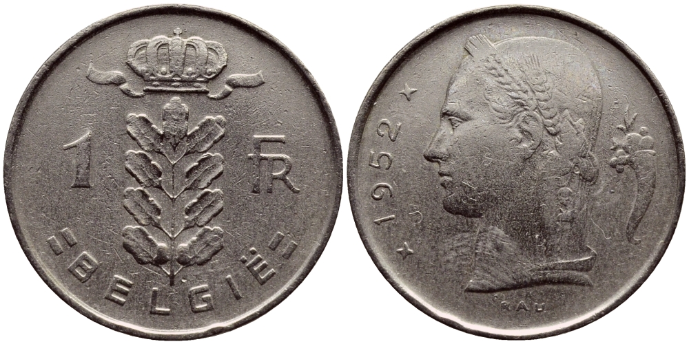 Бельгия 1 франк 1952 Belgie, Бодуэн I (1951-1993) KM 143.1 медно-никель 4390-1221