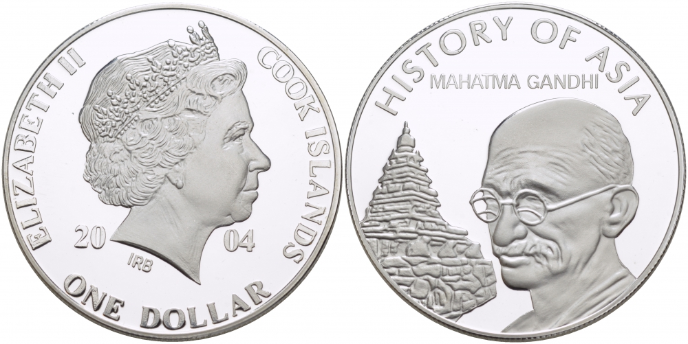 Острова Кука 1 доллар 2004 история Азии, Махатма Ганди KM 1156 медно-никель PROOF 01-232-51