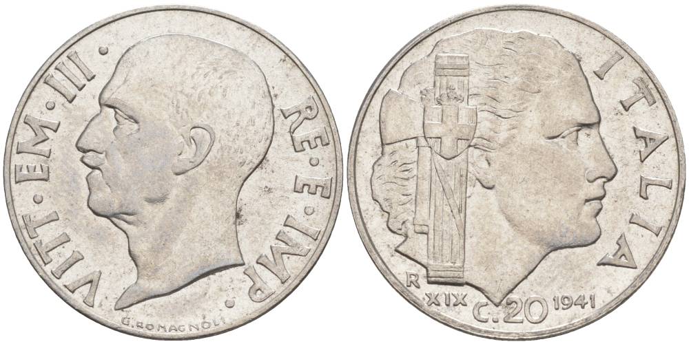 ИТАЛИЯ 20 ЧЕНТЕЗИМО 1941 R, ГОД XIX, ВИКТОР ЭММАНУИЛ III (1900-1946) KM 75b, VEM3. 1028 нержавеющая сталь 3853-945