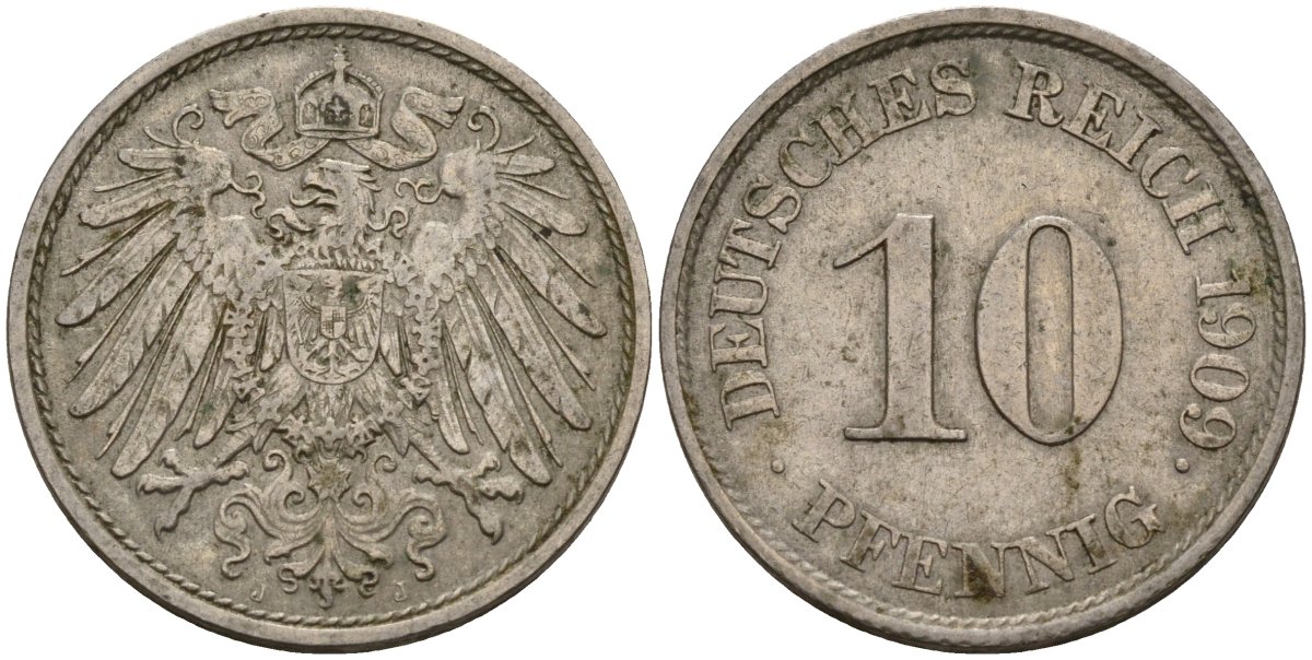 Германия 10 пфеннигов 1909 J KM 12, J. 13 медно-никель 4539-755