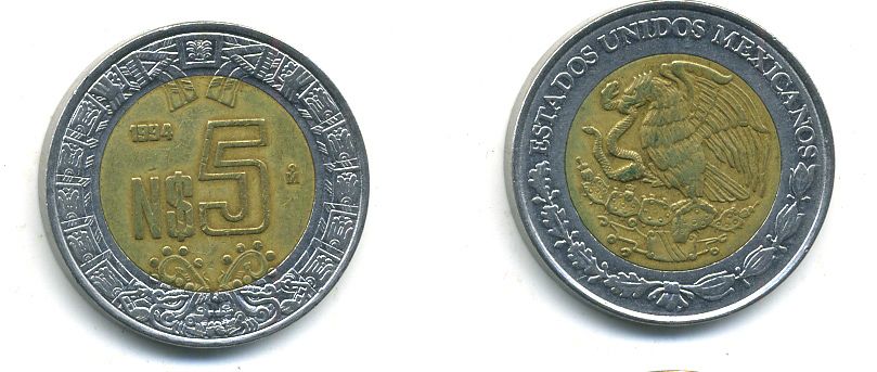 МЕКСИКА 5 ПЕСО 1994 биметалл 4-635