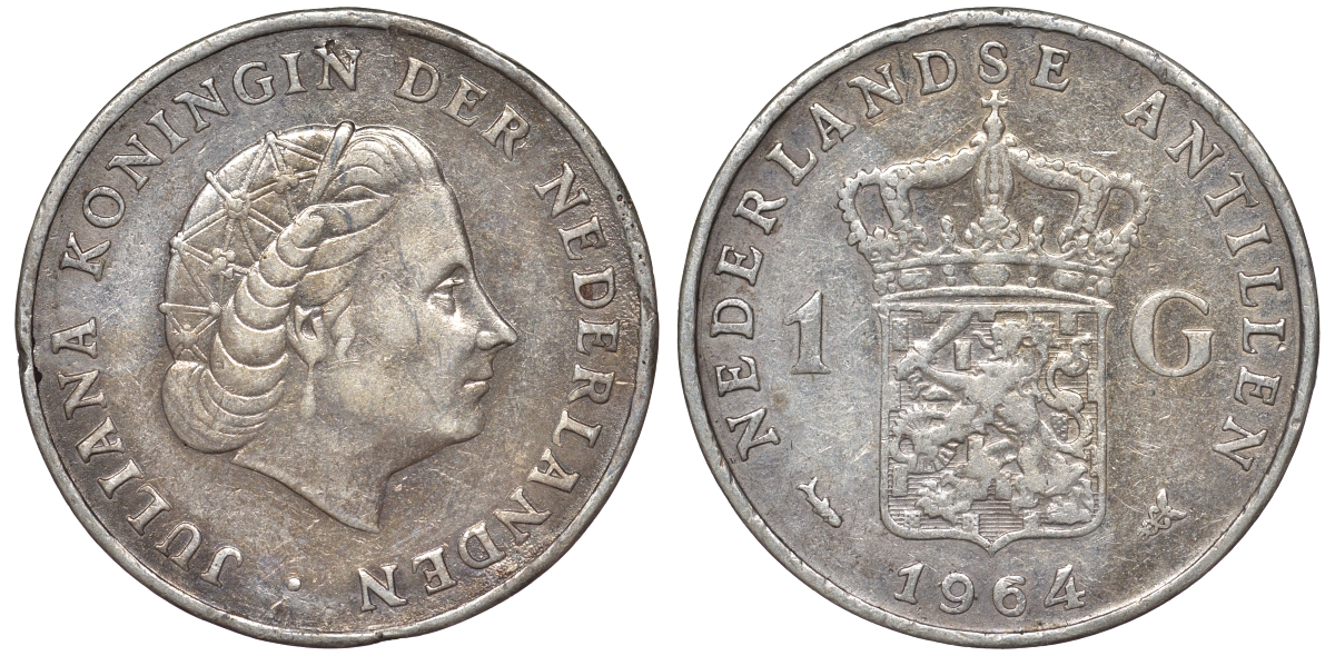 Нидерландские Антилы 1 гульден 1964 Юлиана (1948-1980) KM 2 серебро 36-1025