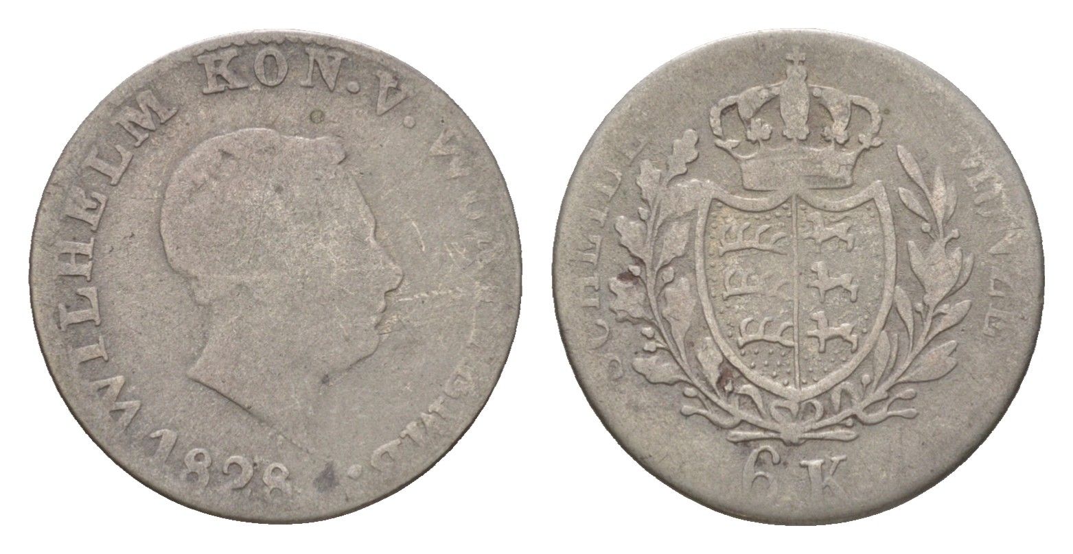 Вюртемберг 6 крейцеров 1828 Вильгельм I (1816-1864) KM 556 серебро 4625-959