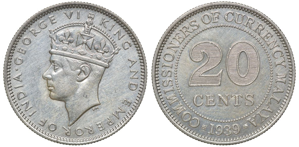 Британская Малайя 20 центов 1939 Георг VI (1937-1952) KM 5 серебро 53-332
