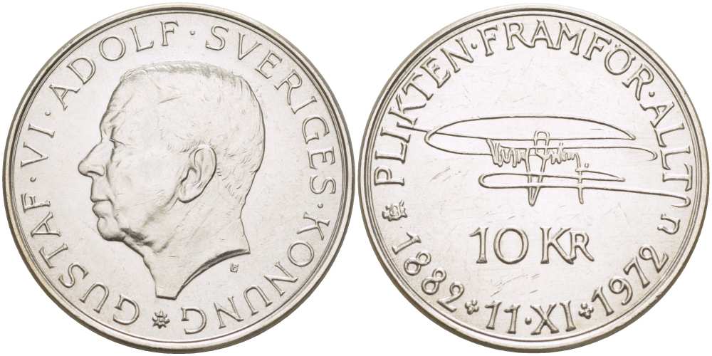 Швеция 10 крон 1972 U, 90 лет со дня рождения Густава VI Адольфа KM 847 серебро 413-943