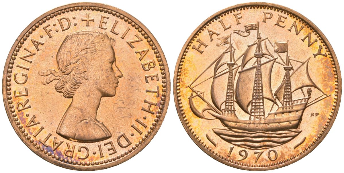 Великобритания 1/2 пенни 1970 Елизавета II (1952-2022) KM 896, Spink 4158 бронза PROOF 4163-1222