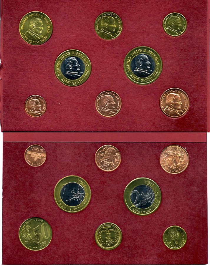 Ватикан набор из 8 монет 2000 1 евроцент-2 евро, европробники, в оригинальном буклете, Иоанн Павел II, красный UNC 3-4-11-04