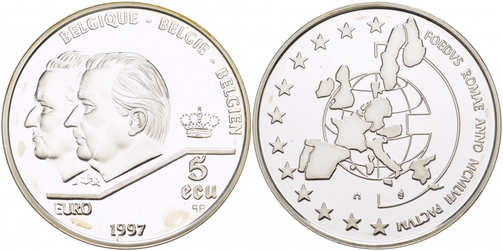 Бельгия 5 экю 1997 40 лет Римскому договору, портреты Альберта II и Бодуэна KM 205 серебро PROOF 1068-4-33