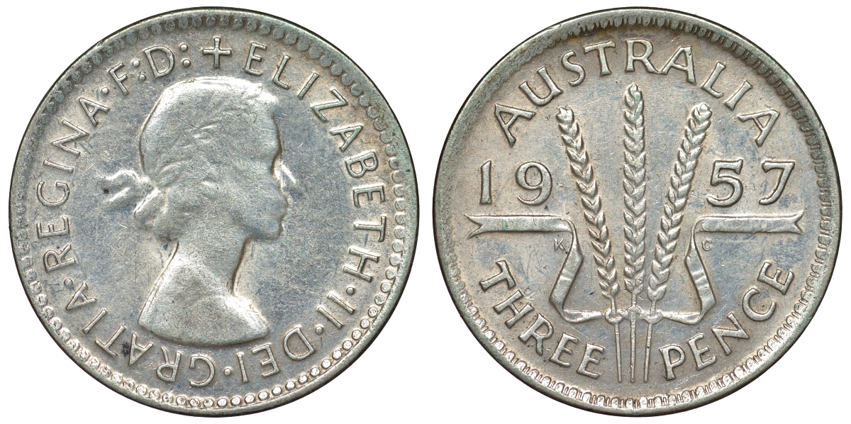 Австралия 3 пенса 1957 m, Елизавета II (1953-) KM 57 серебро 71-525