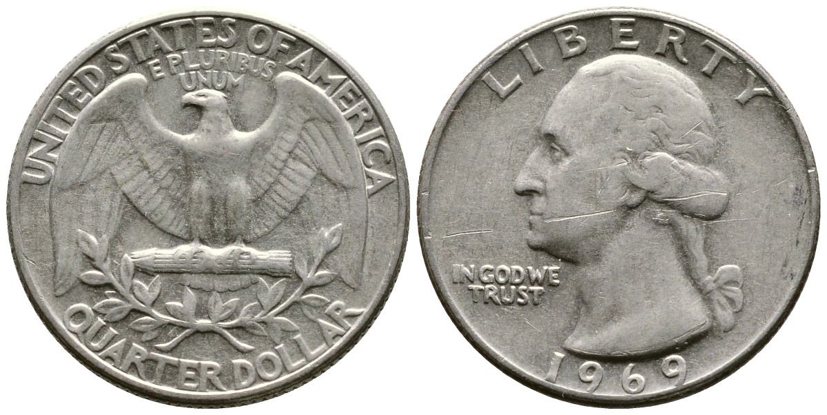 США 25 центов (квотер) 1969 Вашингтон KM 164а медь плакированная медно-никелем 57-231