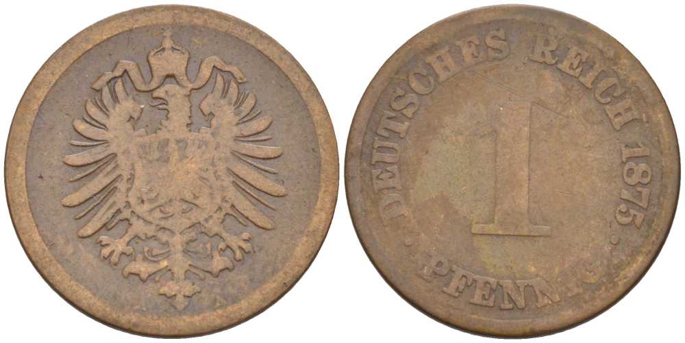 ГЕРМАНИЯ 1 ПФЕННИГ 1875 A, СТАРОГЕРБОВКА KM 1, J. 1, Weege 1 медь 206-1025