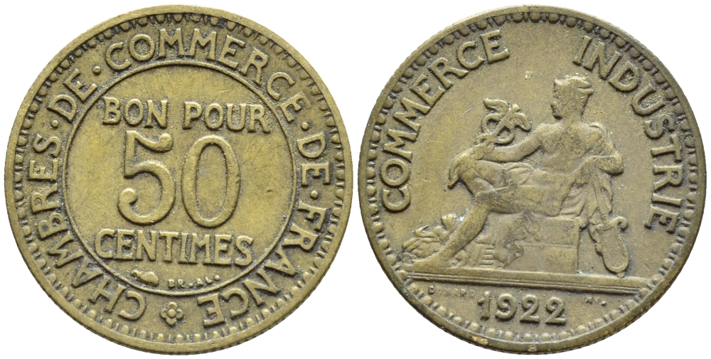 Франция 50 сантимов 1922 тип Chambre de Commerce KM 884, Le Franc 191.5 алюминиевая бронза 4110-1738