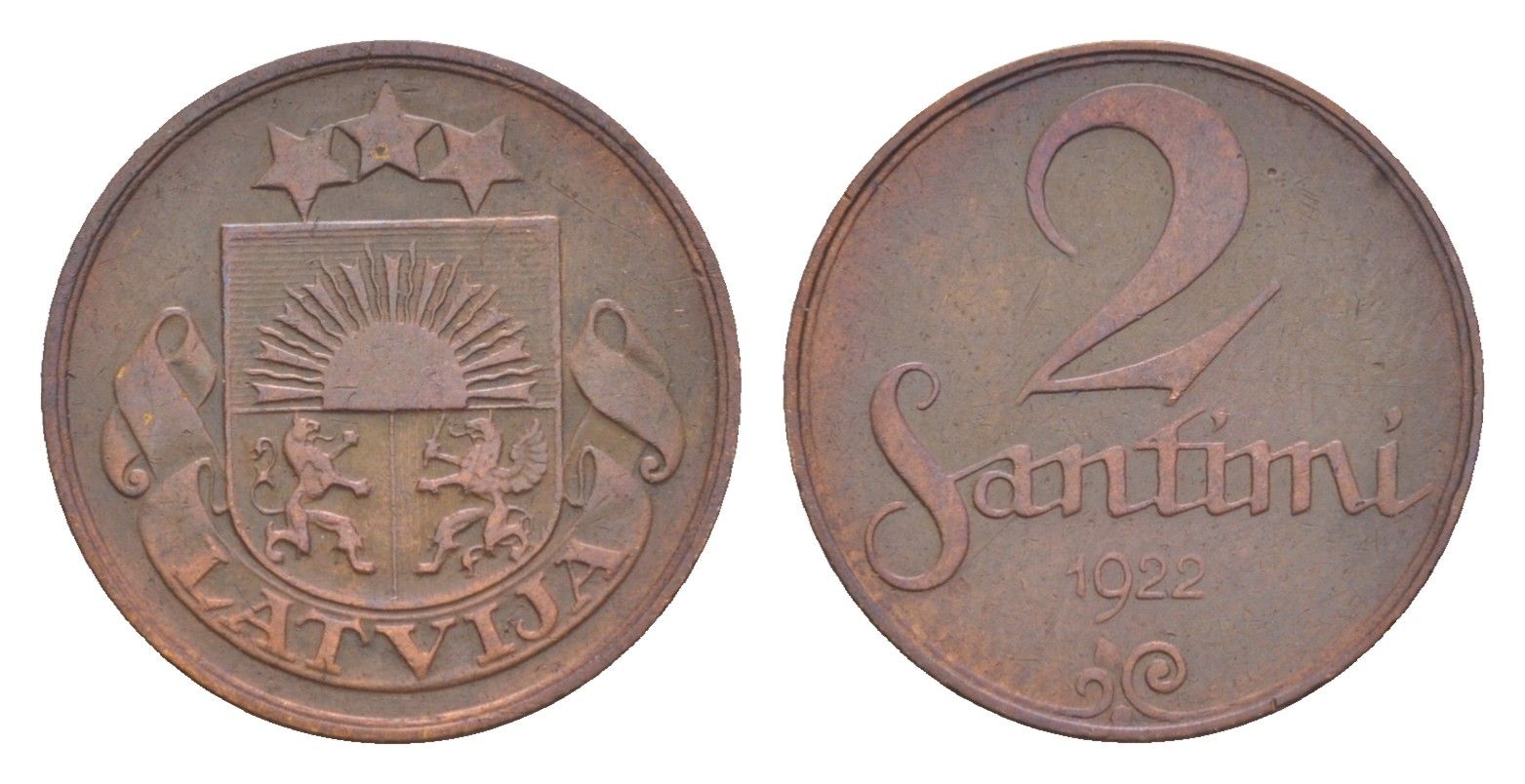 Латвия 2 сантима 1922 KM 2 бронза 4658-1138