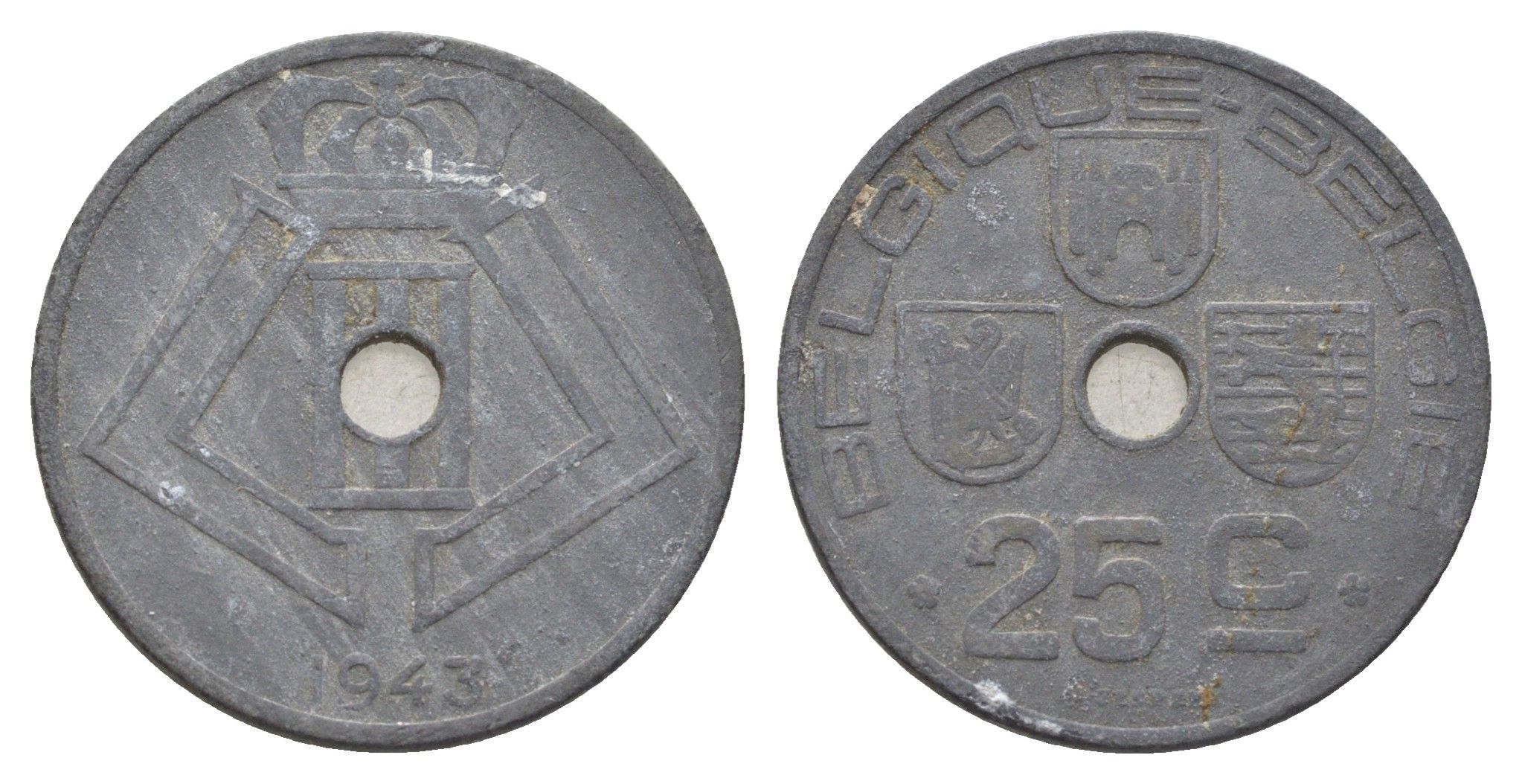 Бельгия 25 сантимов 1943 Belgique - Belgie, Леопольд III (1934-1947), германская оккупация, Вторая мировая война KM 131 цинк 4704-1035
