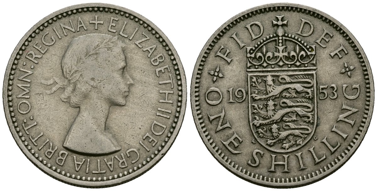 Великобритания 1 шиллинг 1953 Елизавета II (1952-2022), Английский герб KM 890, Spink 4139 медно-никель 4538-111