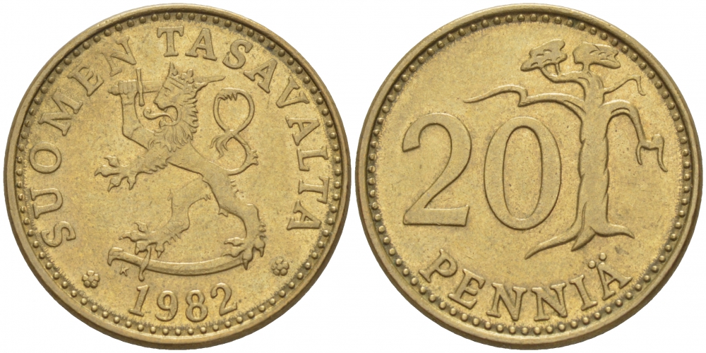 ФИНЛЯНДИЯ 20 ПЕННИ 1982 K KM 47 алюминиевая бронза 3718-525
