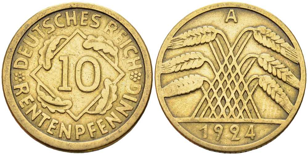 ГЕРМАНИЯ 10 РЕНТЕНПФЕННИГОВ 1924 А KM 33, J. 309 алюминиевая бронза 4401-347